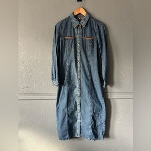 Isabella Bird Denim Maxi Dress Snap Button Suede Detail Size 6